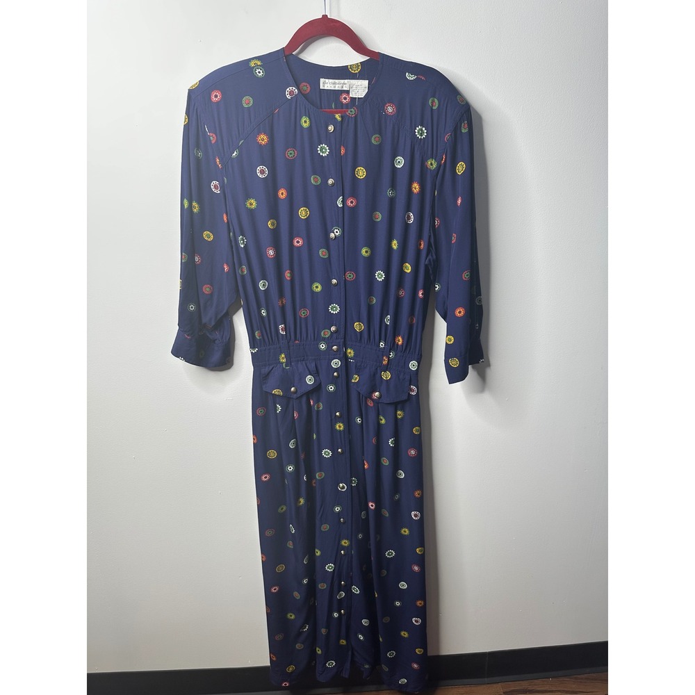 Liz Claiborne Vintage Navy Blue Rayon Sunburst Print Button Front Midi Dress 14